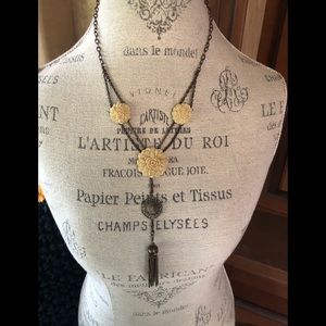 Lucky Brand Ivory Rose/Flower Antique Gold Necklace with Tassel